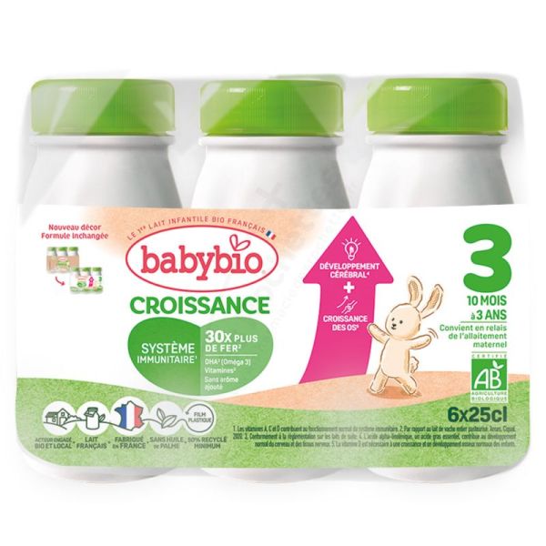 Babybio Lait de Croissance 3 - Dès 10 mois - 6 bouteilles de 25cL