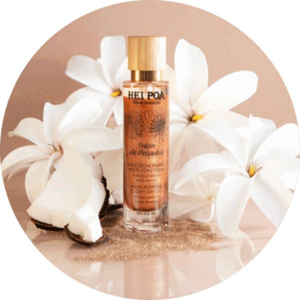 Hei Poa Huile Sèche Nacrée Trésor de Polynésie 50ml - Nutrition scintillante et reflets dorés corps et cheveux