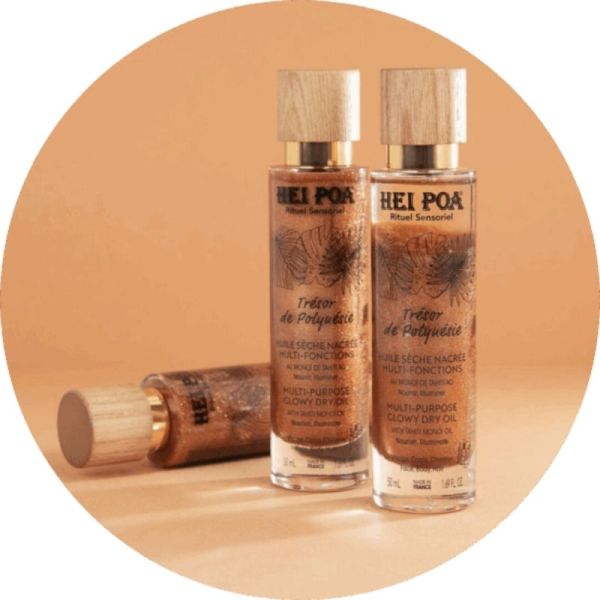 Hei Poa Huile Sèche Nacrée Trésor de Polynésie 50ml - Nutrition scintillante et reflets dorés corps et cheveux