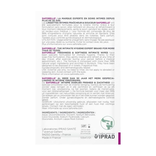 Saforelle Lingettes Intimes Ultra Douces x10 (Sachets individuels) - Lingettes biodégradables apaisantes à la Bardane