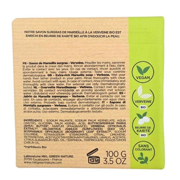 MKL Green Nature Savon Surgras de Marseille Verveine Bio 100g - Adoucit la peau et nettoie en douceur le corps et les mains