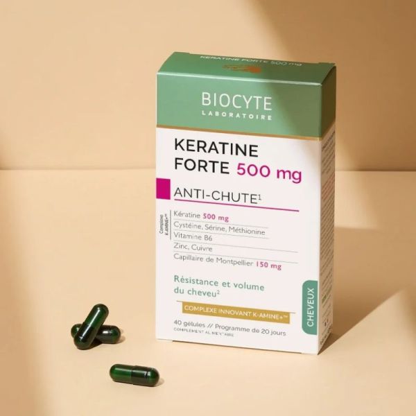 Biocyte KERATINE FORTE 500 MG 40 gélules - Prévient la chute des cheveux et renforce la résistance