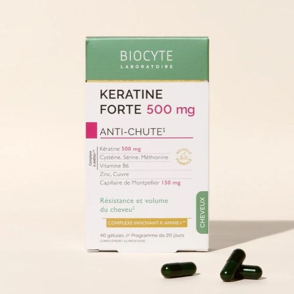 Biocyte KERATINE FORTE 500 MG 40 gélules - Prévient la chute des cheveux et renforce la résistance