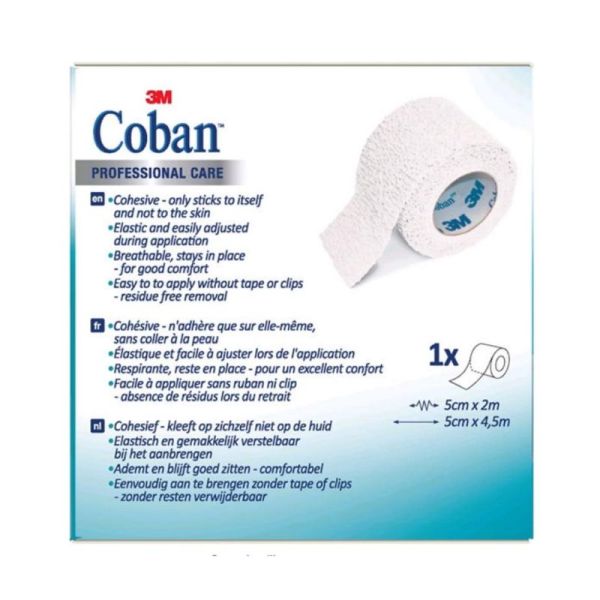 3M Coban Bande de Contention Cohésive Elastique 5cm x 4,5m - Maintien sans adhésif pour peaux fragiles