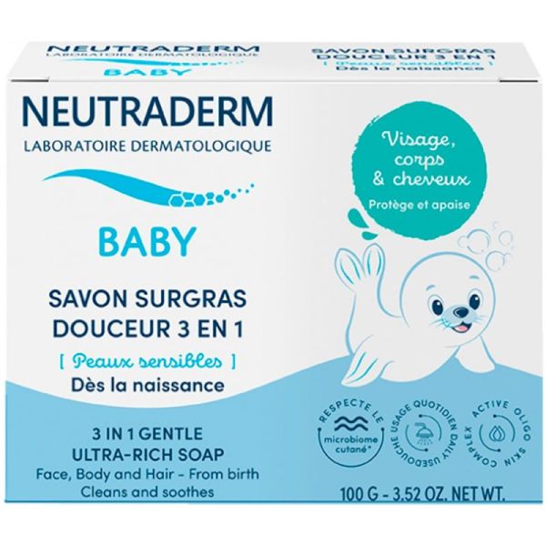 Neutraderm Baby Savon Surgras Douceur 3 en 1 - 100 g - Nettoie, nourrit et apaise la peau délicate de bébé