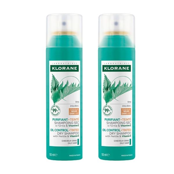 Klorane Shampoing Sec Purifiant Teinté à l'Ortie et Vitamine E Cheveux Gras - Lot de 2 x 150ml