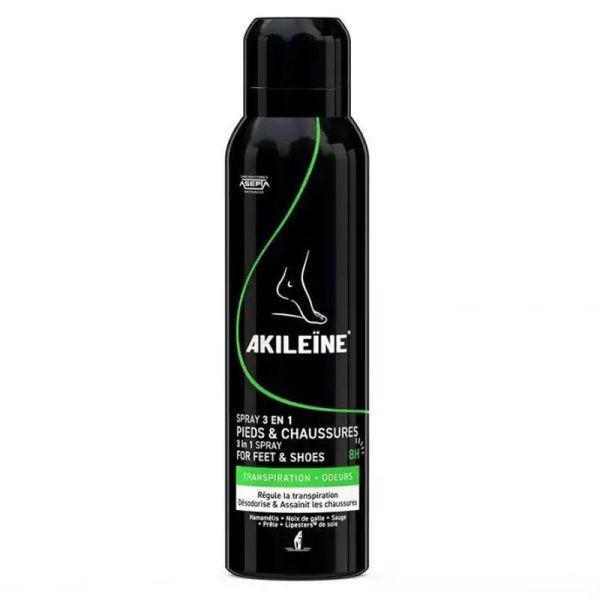 Akileïne Spray Noir 3 en 1 - Pieds et Chaussures - Soin Anti-Transpirant et Assainissant - Spray de 150ml