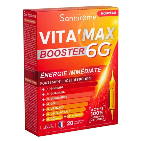 Santarome Vita'max Booster 6G 6000 mg d'Actifs - Anti fatigue - Goût Orange - 20 ampoules