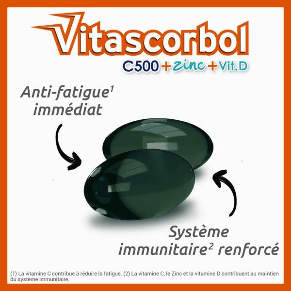 Vitascorbol C500 + Zinc + Vitamine D - 30 Capsules - Anti Fatigue et Renfort du Système Immunitaire