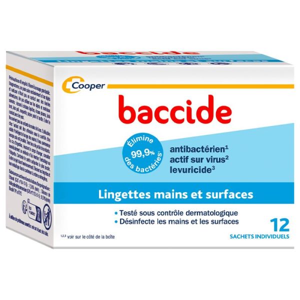 Baccide Lingettes Désinfectantes Mains et Surfaces - 12 Lingettes Individuelles