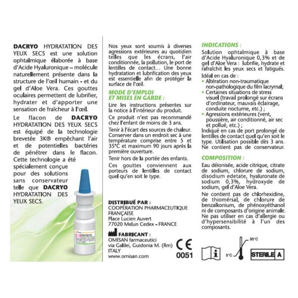Dacryo Solution Ophtalmique Hydratation Yeux Secs 10ml - Lubrifdie, hydrate et rafraîchit, à l'acide hyaluronique