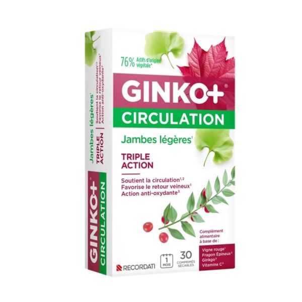 Recordati Ginko+ Circulation Jambes Légères - 30 Comprimés