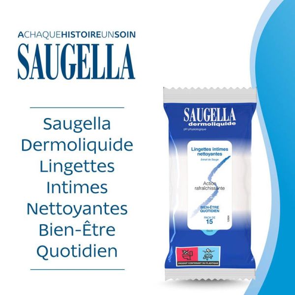 Saugella Dermoliquide Pack de 15 Lingettes Intimes Individuelles