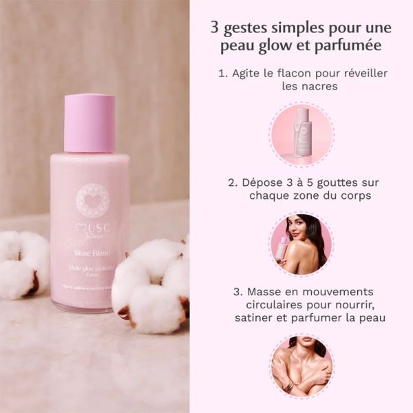 Musc Intime Huile Glow Pailletée Corps Musc Blanc 100 ml – Huile sèche nutritive sublimatrice nacrée