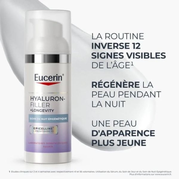 Eucerin Hyaluron-Filler + Longevity Soin de Nuit Épigénétique 50 ml - Régénération nocturne et réduction des rides