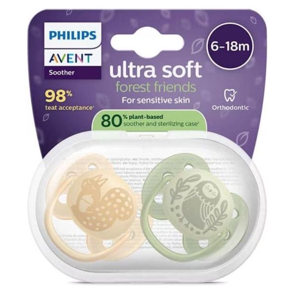 Philips Avent Pacifier Ultra Soft Sucettes Orthodontiques en Silicone 6-18 Mois - 2 Sucettes