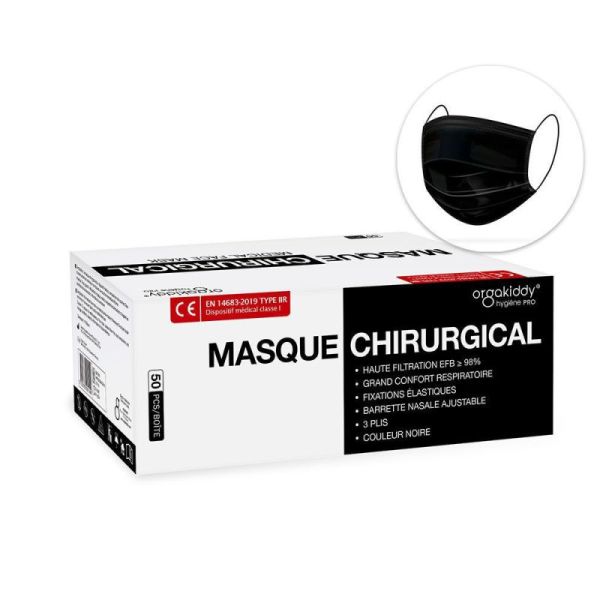 Orgakiddy Masque Chirurgical Type IIR à Usage Unique Noir 50 unités