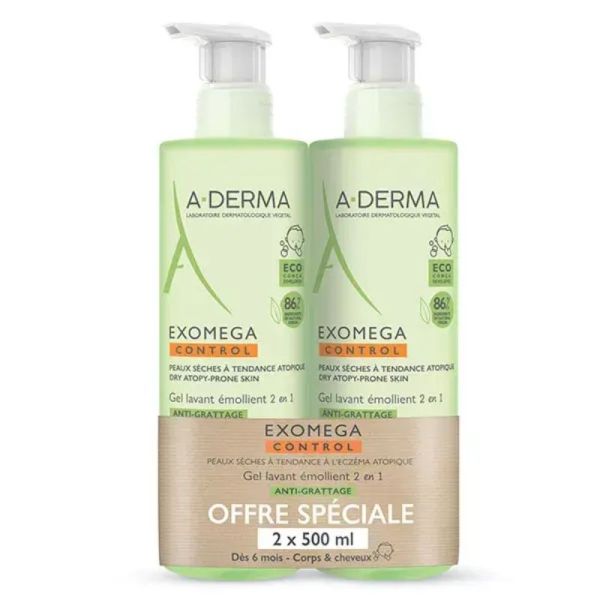 A-Derma Exomega Control Gel Lavant Émollient - 2 x 500ml