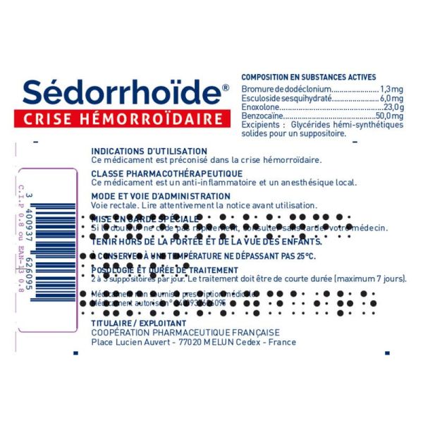 Sédorrhoïde Crise hémorroïdaire 8 suppositoires