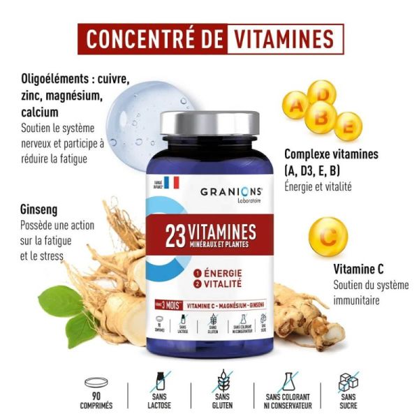 Granions 23 Vitamines, Minéraux Et Plantes 60 Comprimés - énergie, vitalité, réduction de la fatigue