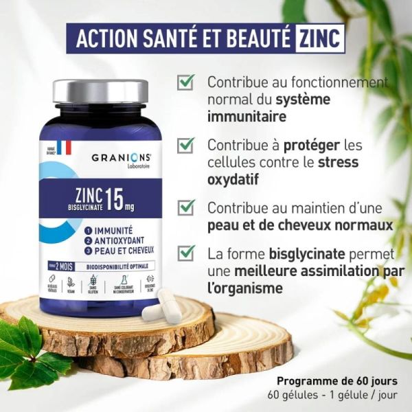 Granions Zinc Bisglycinate 15mg 60 Gélules - Haute biodisponibilité, soutien immunitaire, santé peau et cheveux