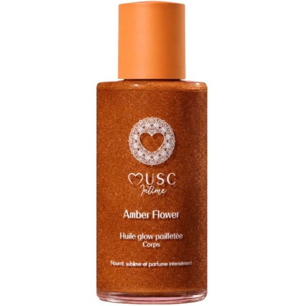 Musc Intime Huile Glow Pailletée Corps Amber Flower 100 ml – Huile sèche nutritive sublimatrice nacrée