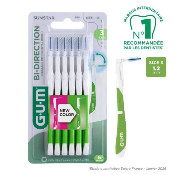 GUM Bi-Direction Brossette Interdentaire Taille 3 1.2 mm 6 unités - Hygiène bucco-dentaire quotidienne