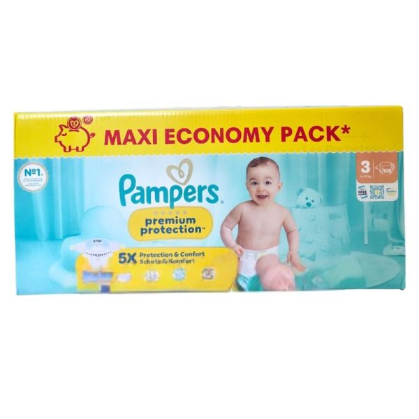 Pampers Premium Protection Taille 3 / 6-10kg - 108 Couches Mega Pack - Confort supérieur, ultra-absorbant