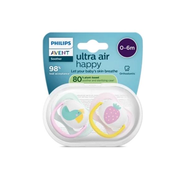 Philips Avent Ultra Air Happy Sucettes Orthodontiques en Silicone 0/6 Mois - 2 Sucettes