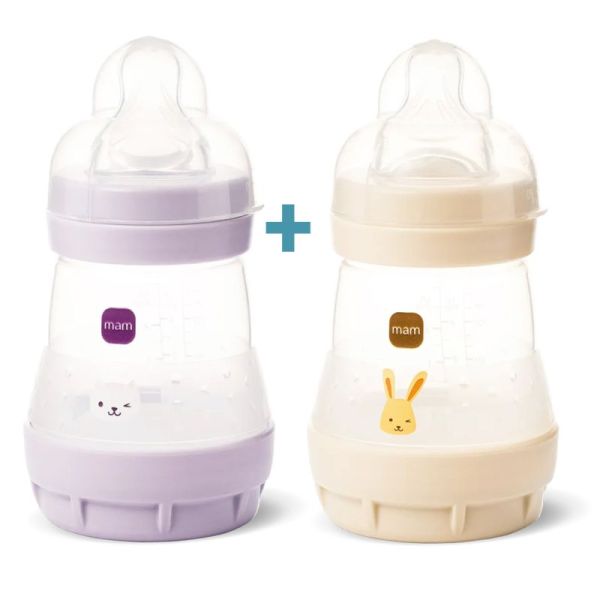 MAM Biberon Easy Start Anti-colique 160ml 0+ mois Sable et Lilas Lot de 2 – Réduction des coliques