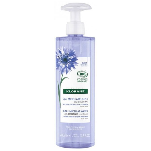 Klorane Eau Micellaire 3en1 - Au Bleuet Bio - Nettoyante, Démaquillante et Hydratante - 400 ml