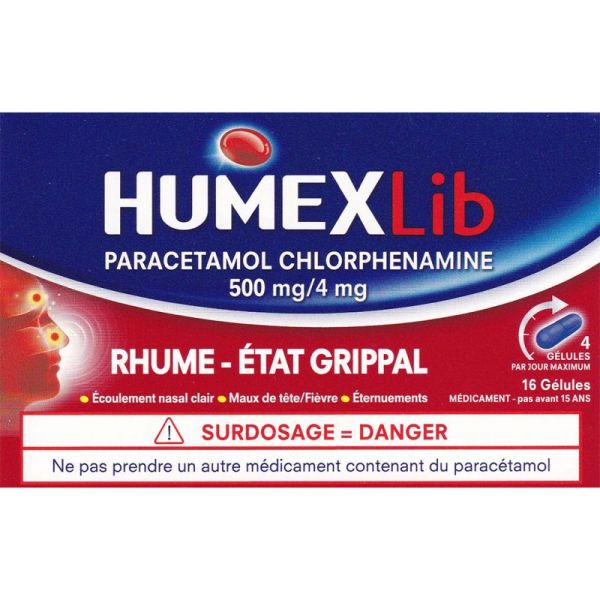 Humexlib Paracétamol 500 mg / Chlorphénamine 4 mg – 16 gélules