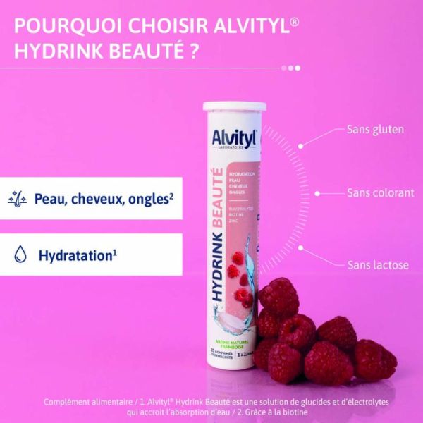 Alvityl Hydrink Beauté - 20 Comprimés Effervescents - Hydratation et éclat de la peau, cheveux, ongles
