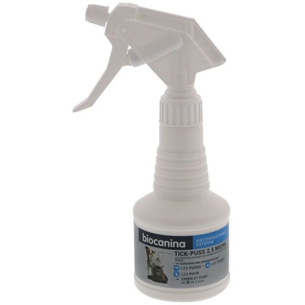 Biocanina Tick-Puss Spray 250 ml Chats et Chiens - Traitement des infestations par les puces, poux et tiques