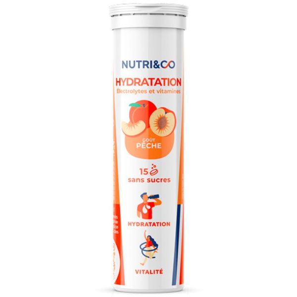 Nutri&Co Hydratation - 15 pastilles effervescentes - Saveur : Pêche - Pastilles riches en électrolytes et vitamines