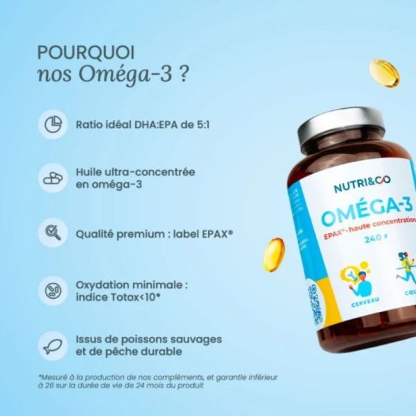 Nutri&Co Oméga-3 Cerveau et Cœur 240 capsules - Huile de poisson ultra-concentrée EPA/DHA