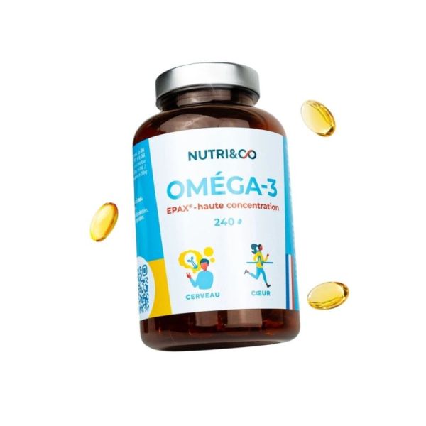 Nutri&Co Oméga-3 Cerveau et Cœur 240 capsules - Huile de poisson ultra-concentrée EPA/DHA