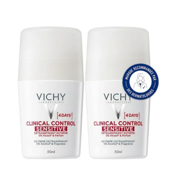 Vichy Déodorant Roll-On Clinical Control Sensitive  96H Peau Sensible 2 × 50 ml – protection anti-transpirante extrême pour peaux délicates