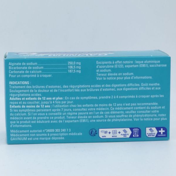 Gavinium Menthe Sans Sucre – 24 Comprimés à croquer