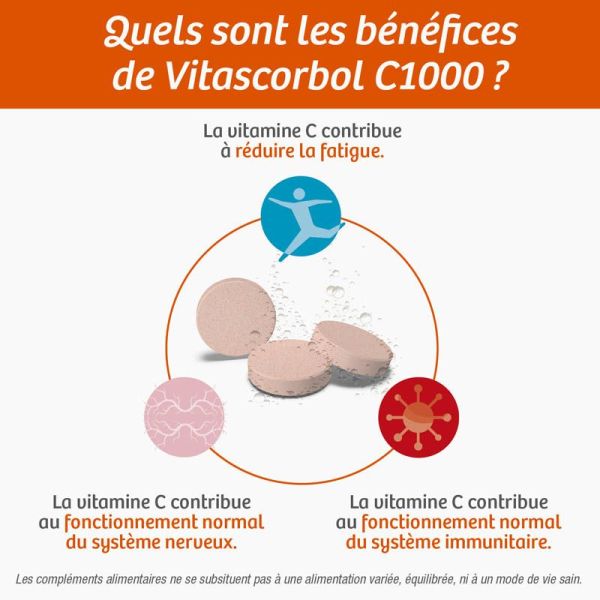 Vitascorbol Vitamine C 1000 - 2 x 20 Comprimés Effervescents - Réduit la Fatigue et Maintien le Système Immunitaire