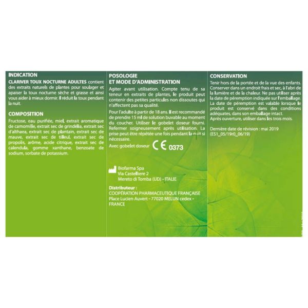 Clariver Toux Nocturne Adultes Solution Buvable - 150ml - Apaise la toux et favorise le sommeil