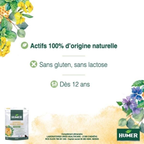 HUMER Gommes Gorge Irritée Menthe-Eucalyptus Sans Sucre 30 gommes - Apaisement de la gorge et facilitation de la respiration