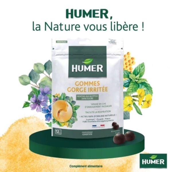 HUMER Gommes Gorge Irritée Menthe-Eucalyptus Sans Sucre 30 gommes - Apaisement de la gorge et facilitation de la respiration