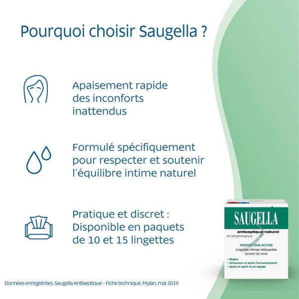 Saugella Antiseptique Naturel Lingette Intime Nettoyante 10 unités