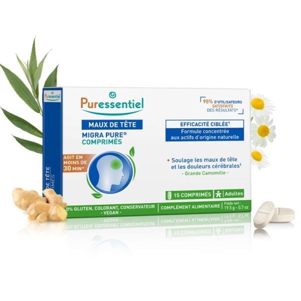 Puressentiel Migra Pure Maux de Tête 15 Comprimés – Solution ciblée, apaise les céphalées et les tensions crâniennes