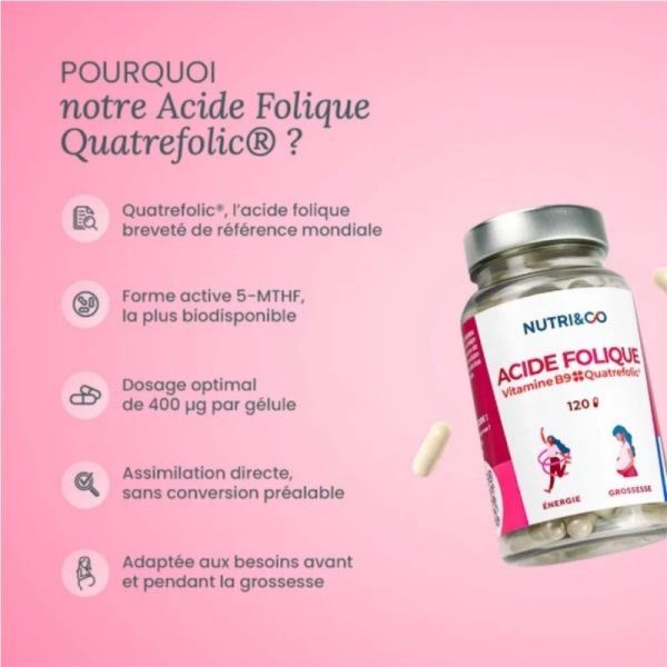 Nutri&Co Acide Folique Quatrefolic® 120 gélules - Vitamine B9 bioactive préconception et grossesse