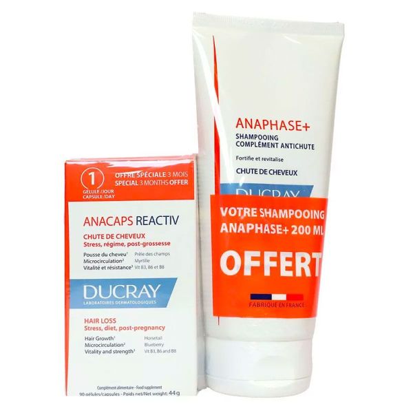 Ducray Anacaps Reactiv et Anaphase+ - Complément + Shampoing Chute de Cheveux - 90 gélules + Shampoing de 200ml OFFERT