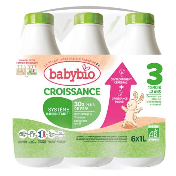 Babybio Lait de Croissance 3 - Dès 10 mois - 6 bouteilles de 1L
