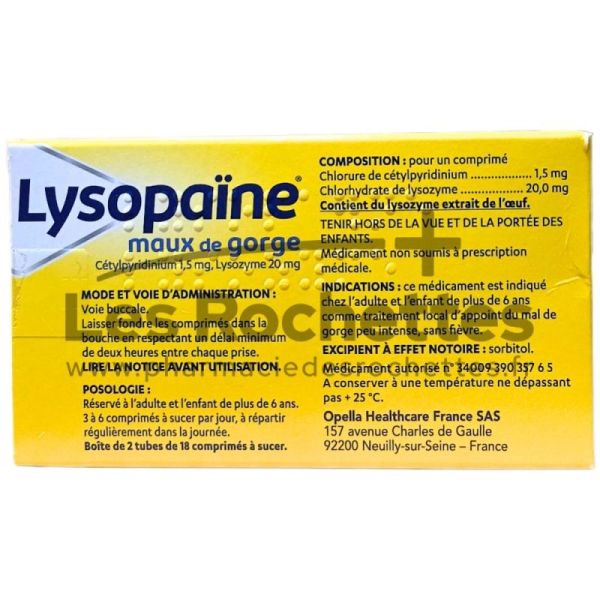 Lysopaïne Menthe Sans Sucre - 36 Comprimés à Sucer (Maux de Gorge)