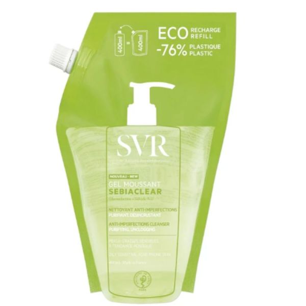 SVR Sebiaclear Gel Moussant Eco-recharge 400 ml - nettoie les imperfections et purifie les peaux grasses, sensibles, à tendance acnéique